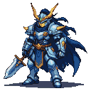Knight in blue and silver armor with a dark blue cape and a horned helmet with a golden crest, holding an ornate sword.