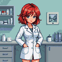 Young woman with short red hair and blue eyes, wearing a white lab coat, stands in a medical setting.