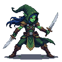 Menacing dark elf assassin with vibrant green skin, dark blue hair, and emerald green hooded tunic, gripping two gleaming daggers, poised in a wide-legged stance.