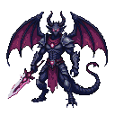 Obsidrath, a dark dragon-like creature in segmented armor, with glowing crimson eyes, magenta wings, and a sash with a pink gem. It wields a pixelated sword with a pink glow.