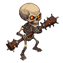A skeleton with an oversized skull and glowing orange eyes wields a large, spiked club.