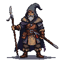A grizzled medieval wanderer with a long white beard, wearing layered earthy-toned garments and a dark blue cloak, holds a halberd. A spear is secured across his back.