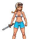 A female fighter with blonde hair in a braid, wearing a white bikini top, blue shorts, and a helmet with goggles, stands in a ready stance with a sword in her left hand.