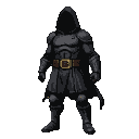 A shadowy, hooded figure in dark, segmented armor with a golden-brown belt.