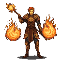 Fire mage in ornate golden-brown armor, holding a staff topped with a fiery sphere and a swirling flaming orb in their other hand.