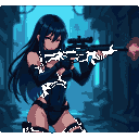 Determined female warrior in dark combat suit crouches, aiming a futuristic rifle.