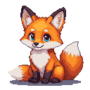 A plump fox with bright blue eyes and a bushy orange tail sits with its ears alert.