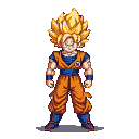 Super Saiyan Goku with spiky golden hair and orange gi, in a determined pose.