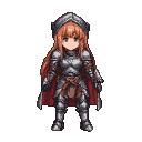 Young knight in silver armor and crimson cape, with auburn hair visible.