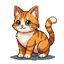 A ginger and white tabby kitten with bright blue eyes, dark stripes on its back and tail, sits with paws tucked and ears perked.