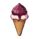 A golden-brown waffle cone topped with a scoop of pale pink ice cream, drizzled with deep purple sauce and colorful sprinkles.
