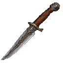 Fantasy medieval traveler's knife with a glinting, sharp blade featuring a golden serpentine inlay. The textured brown hilt is wrapped and adorned with golden filigree.