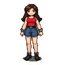 Young woman with flowing brown hair, wearing a red tank top, blue denim shorts, brown boots, and grey wristbands, standing with a defiant gaze.
