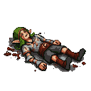 A fallen elf with a tattered green cap and tunic lies on a stone surface, blood splattered around them.