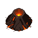 A dark volcanic cone with glowing lava cracks and a fiery orange crater.