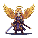 Stoic guardian angel in golden armor and purple robes, with spread golden wings, a radiant halo, and a holy sword held in her left hand.