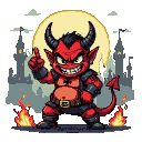 A mischievous red demon with sharp horns and a wide, toothy grin stands defiantly, one finger raised in a taunting gesture. Dramatic fire flickers around its feet, casting an eerie glow against a gothic castle silhouette.