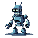 Stylized, retro-futuristic robot with a metallic blue-grey chassis, blocky head, glowing white eyes, jagged grin, and antennae. It has segmented body with visible rivets and joints, articulated arms, and a pincer-like hand.