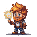 Red-bearded character with spiky orange hair and blue eyes holding a glowing lightbulb.
