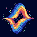 Abstract cosmic waveform in blues, purples, oranges, and yellows with scattered colored pixels.