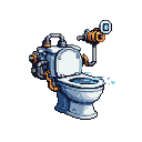 Steampunk toilet machine with metallic pipes, gears, orange tubing, and a robotic arm with a glowing blue screen, hovering against a black background. Blue pixels suggest a splash.