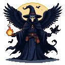 Cloaked figure with a plague doctor mask and large feathered wings holds a flickering orange flame against a crescent moonlit sky with two bats.