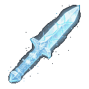 A translucent crystal ice dagger with a faceted blade in pale blue, cyan, and white. The hilt features snowflake and rune details, with glowing snow particles drifting around it.