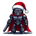 Menacing skeletal robot wearing a Santa hat and red cape, holding a weapon.