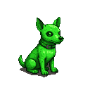 An emerald-green canine with luminous eyes and smooth, iridescent fur sits patiently, wearing a dark collar with a tag.
