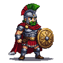 Spartan warrior in silver armor with a crimson cape and green plume helmet, holding a golden shield.