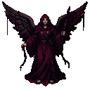A cloaked angel of death with dark red and black wings, standing against a black background.