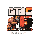 Muscular bull-headed figure holding a fiery circular object, with "G7IIC" above and "GRAND THEFT AUTO VI" below in pixelated text.
