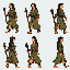 Female jungle shaman walking, with dark hair, olive-green tunic, earthy leg coverings, and holding a wooden staff.