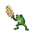 A fierce green frog warrior brandishes a sword engulfed in vibrant flames, its eyes intensely focused.