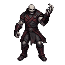 Skeletal warrior in dark, segmented armor with crimson accents, holding an outstretched bony hand.