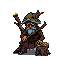 A forest gnome with bark-like skin and a moss-green hat sits hunched over a stump, gripping a branch. His wispy blue beard and alert eyes convey focused intensity.