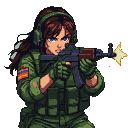 Female soldier in olive drab tactical gear firing a rifle, muzzle flash and smoke visible.