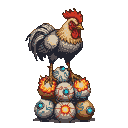 A detailed pixel art rooster stands atop a pyramid of advanced egg bombs, some glowing with fire, others with circuitry.