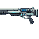 Futuristic rifle with electric blue accents, rendered in grey and silver metallic tones.
