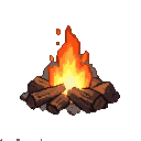 A crackling campfire with bright yellow, orange, and red flames leaping from rough-hewn logs on a dark background.