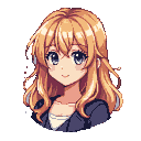 Anime-style young woman with flowing blonde hair and blue eyes, wearing a dark jacket over a light shirt, smiling serenely.