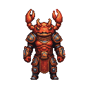 Fierce warrior with an orange crab's head and dark, metallic armor, claws raised.