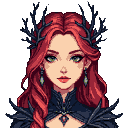Florantis, the Thorn Queen, with striking emerald eyes, fiery red hair, and a thorny crown, wearing dark, ornate attire with sharp pauldrons and a jeweled pendant.