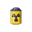 Bright yellow cylindrical container with a black radiation symbol and a dark grey and blue metallic cap.