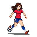 Brunette woman with blue eyes, wearing a red jersey and blue shorts, dribbling a soccer ball with her right foot.