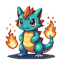 Teal reptilian creature with orange eyes and a fiery mane surrounded by flames.