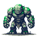A hulking, segmented stone golem with vibrant green moss on its shoulders, arms, and legs. It stands with clenched fists and a grim expression, revealing pixelated teeth against a black background.