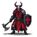 Fallen Templar Knight possessed by a demon, with red horns, tattered red robe with black Templar cross, dark metal and crimson armor, holding a rusted hand axe and a black teardrop shield with a red Christian cross.