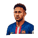Pixel art portrait of a football player in a blue jersey with red and white accents, featuring a serious expression and distinctive fade hairstyle.