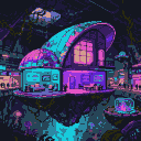 A futuristic, organic-shaped dwelling with a curved roof and dome structure, glowing with warm interior light, floats in a neon-lit alien subterranean cityscape. Bioluminescent flora and other floating platforms surround it.